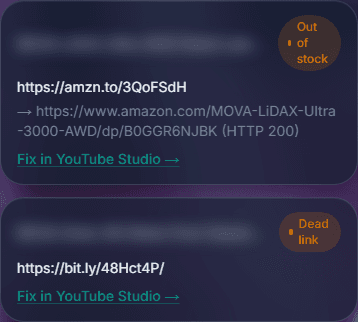 Real flagged links from a live LinkSentinel dashboard, showing Out of stock and Dead link findings